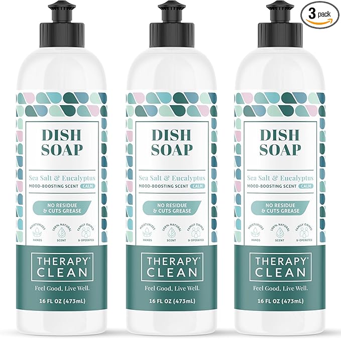 Therapy Clean Plant Based Dish Soap Liquid - Sea Salt & Eucalyptus fl. 16 oz (Pack of 3) - Non Toxic Dish Soap Liquid, All Natural Scent, Organic Dishwashing Cleaner and Detergent for Kitchen