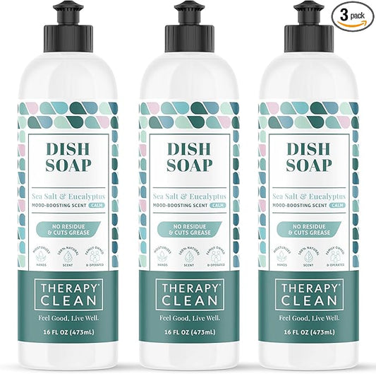 Therapy Clean Plant Based Dish Soap Liquid - Sea Salt & Eucalyptus fl. 16 oz (Pack of 3) - Non Toxic Dish Soap Liquid, All Natural Scent, Organic Dishwashing Cleaner and Detergent for Kitchen