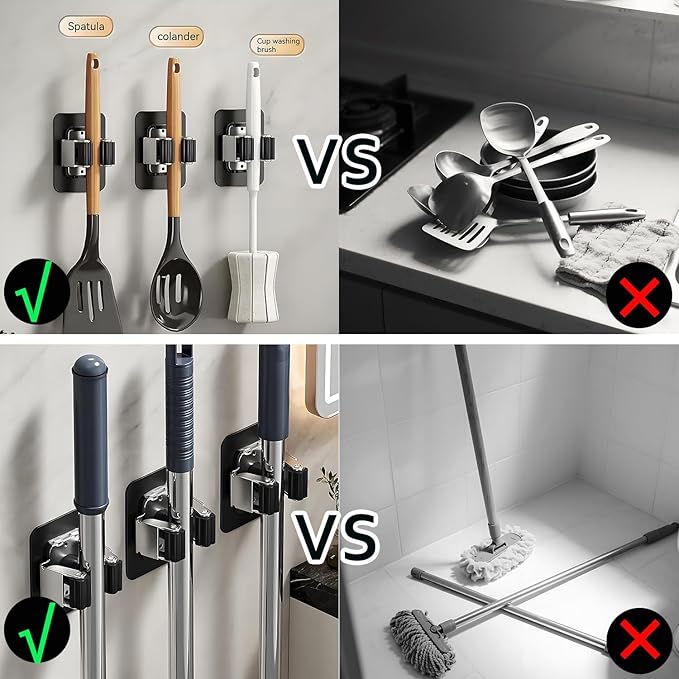 Consss 3 Pack Broom Holder Wall Mount & Mop Wall Mount Organizer, No Drilling Self-Adhesive Anti-Slip Grippers for Kitchen Laundry Garden,Black