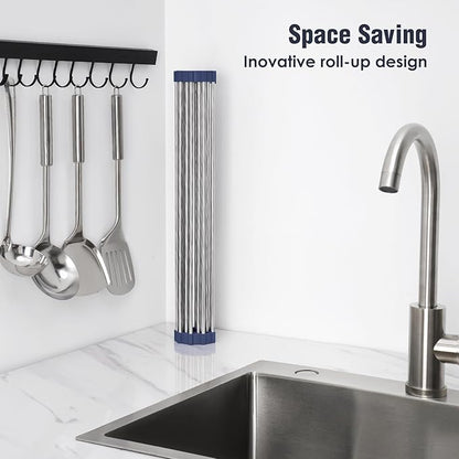 Tomorotec 17.7" x 12.5" Roll Up Dish Drying Rack Over Sink Drying Rack Sink Cover Kitchen Sink Accessories Gadget Multipurpose Organizer Foldable Stainless Steel Drainer