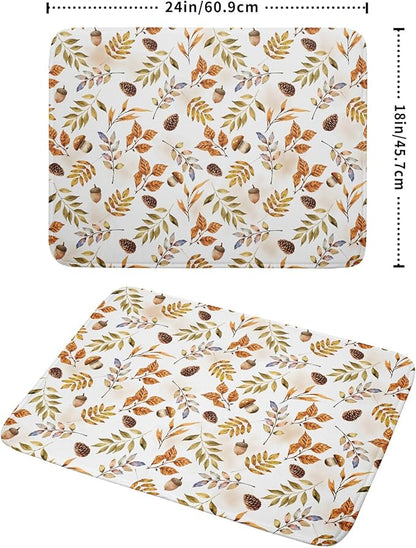 Fall Leaves Pine Cones Mushroom Dish Drying Mat 18 x 24 Inch With Absorbent Reversible Microfiber Orange Autumn Leaf Thanksgiving Drying Mats Dish Drainer Mat Fast Dry For Kitchen Dining Room Decor