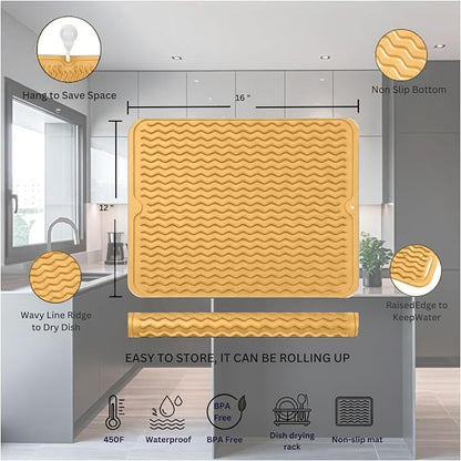 Silicone Drying Mat 16 × 12 – Yellow Tan Non-Slip Sink Mat for Kitchen Counter, Heat-Resistant Food-Grade Dish Pad, Easy-Clean Multipurpose Drawer Liner (Yellow Tan, 16" x 12")