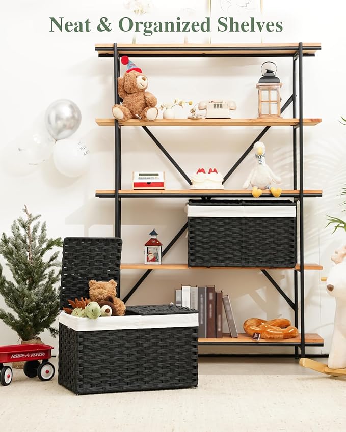 Storage Basket with Lid Rattan Woven Storage Baskets with 2 Separate Lids, 17.2 Gallon (65 L), Wicker Storage Bins Foldable, 2 Removable Liner Bags Handles for Bedroom, Laundry Room Black