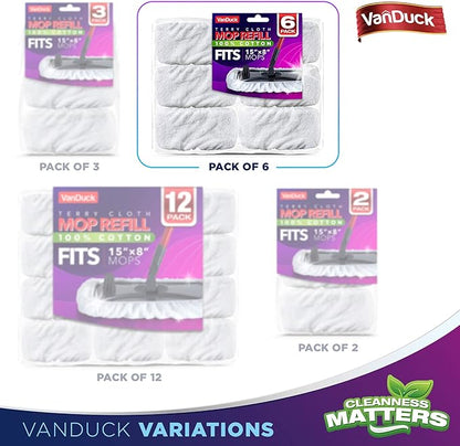 VanDuck 100% Cotton Terry Cloth Mop Pads 15x8 Inch 6-Pack (Handle is Not Included)