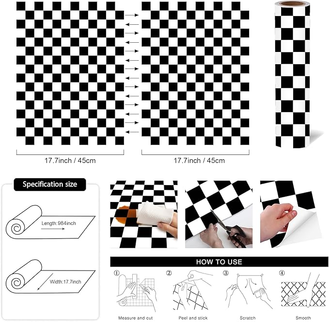 Modern Peel and Stick Wallpaper Black and White Mosaic Checkered Contact Paper 17.7"x984" Self Adhesive Lattice Wallpaper Removable Decorative Wallpapers for Bedroom Countertops Cabinet Vinyl Roll