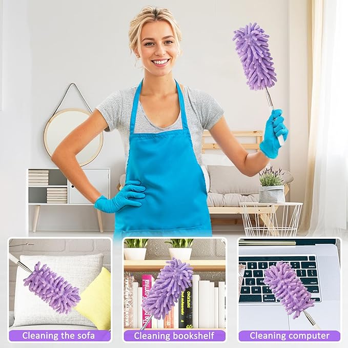 2Pcs Mini Duster for Cleaning, Microfiber Duster with Extendable Pole, Washable Small Duster, Cleaning Tools for Office, Car Interior, Window, Furniture, Computer (Purple)