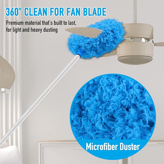 Blue Ceiling Fan Duster - Extended Fan Blade Cleaner, Reusable Microfiber, Adjusts 13 to 55 Inch for Cleaning Walls, Cobweb, Door, Window Top