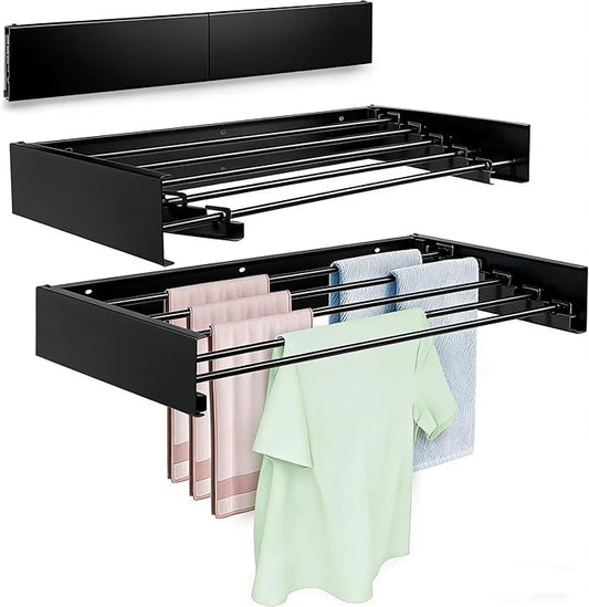 Wall Mounted Laundry Drying Rack, Carbon Steel Foldable & Retractable Clothes Drying Rack, Space Saving Adjustable Towel Holder for Bathroom, Laundry, Small Spaces (1, Black, 80cm)