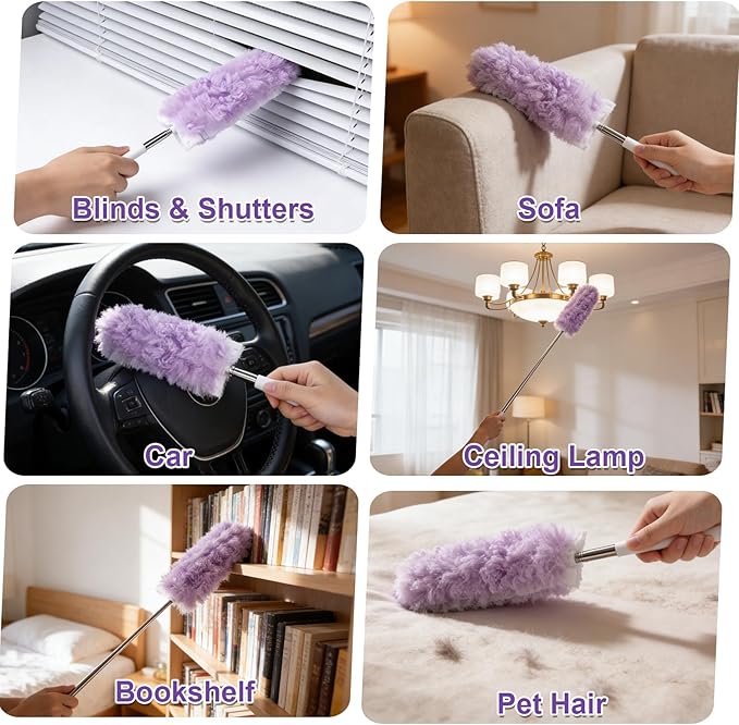 ITTAR 30 Count Duster Refill kit, Duster for Cleaning with Extension Pole, Microfiber Dust Remove Supplies, Fan Feather Dusters for Cleaning Ceiling Fan, Blinds, Furniture, Vent & Shelves-Purple