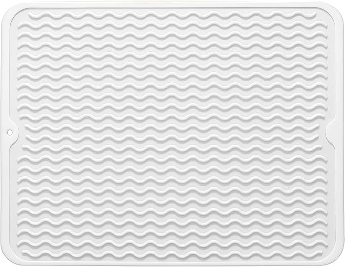 Large 24" x 18" Silicone Dish Drying Mat for Kitchen Counter, Easy clean, Quick Dry, Heat-resistant Dish Drainer Mat for Sink,Refrigerator or Drawer liner (Food Grade Silicone-White)