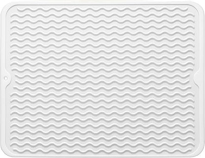 Large 24" x 18" Silicone Dish Drying Mat for Kitchen Counter, Easy clean, Quick Dry, Heat-resistant Dish Drainer Mat for Sink,Refrigerator or Drawer liner (Food Grade Silicone-White)