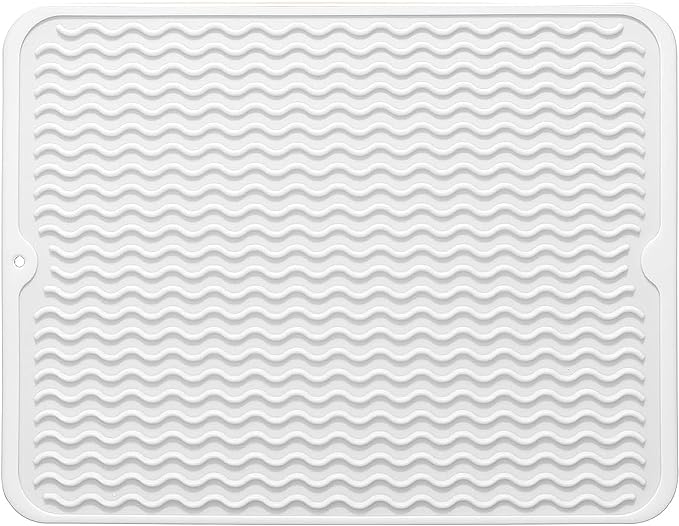 Silicone Dish Drying Mat for Multiple Usage, Easy clean, Eco-friendly, Heat-resistant Dish Drainer Mat for Kitchen Counter,Sink,Refrigerator or Drawer liner (18" x 16", White)