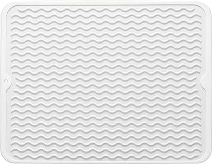 Silicone Dish Drying Mat for Multiple Usage, Easy clean, Eco-friendly, Heat-resistant Dish Drainer Mat for Kitchen Counter,Sink,Refrigerator or Drawer liner (18" x 16", White)