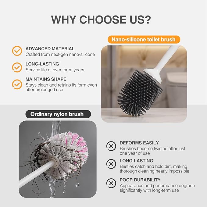 Lefree, 2 in 1 Toilet Brush and Plunger Set with Silicone Bristles, Plastic Material, Includes Holder, White/Black, for Deep Cleaning