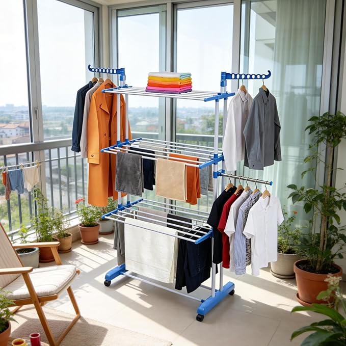 Foldable Clothes Drying Rack, 4 Tier Metal Clothes Rail with Wheels 7 Windproof Hooks Clothes Horses Rack Laundry Garment Dryer Stand with 2 Side Wings Indoor, Outdoor, Bedroom, Loft (Blue)