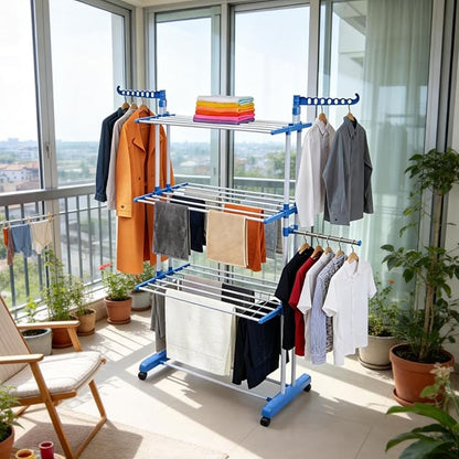 Foldable Clothes Drying Rack, 4 Tier Metal Clothes Rail with Wheels 7 Windproof Hooks Clothes Horses Rack Laundry Garment Dryer Stand with 2 Side Wings Indoor, Outdoor, Bedroom, Loft (Blue)