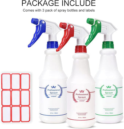 Uineko Plastic Spray Bottle (3 Pack, 32 Oz, 3 Colors) Heavy Duty All-Purpose Empty Spraying Bottles Leak Proof Commercial Mist Water Bottle for Cleaning Solutions Plants Pet with Adjustable Nozzle