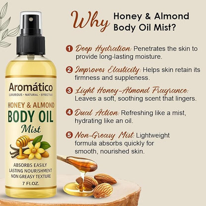 Aromatico Honey & Almond Body Oil Mist for Women – 7 fl oz | Lightweight, Non-Sticky, Spray-on formula for Daily use After Shower | Moisturized, Soft, Glowing Skin | Cozy Honey & Almond Scent