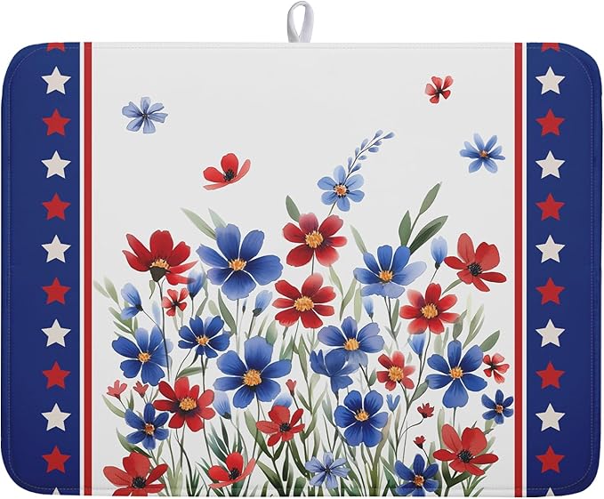 4th of July Dish Drying Mats for Kitchen Counter Summer Flowers Patriotic Kitchen Mats 18x24 Inch Absorbent Microfiber Drainer Mats Independence Day Dishes Pad Quick Dry for Tableware Protector Decor