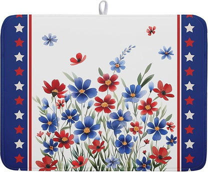 4th of July Dish Drying Mats for Kitchen Counter Summer Flowers Patriotic Kitchen Mats 18x24 Inch Absorbent Microfiber Drainer Mats Independence Day Dishes Pad Quick Dry for Tableware Protector Decor