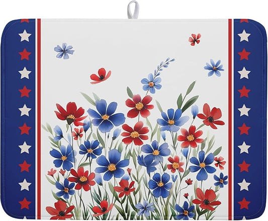 4th of July Dish Drying Mats for Kitchen Counter Summer Flowers Patriotic Kitchen Mats 18x24 Inch Absorbent Microfiber Drainer Mats Independence Day Dishes Pad Quick Dry for Tableware Protector Decor