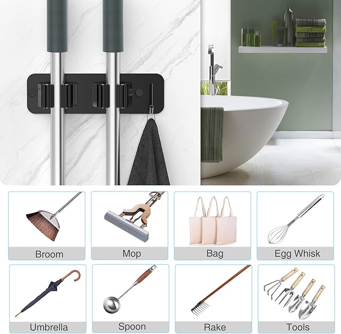 homeasy Wall Mount Mop and Broom Holder, Heavy Duty Stainless Steel Organizer Rack with Hooks | 2-Pack, 2-in-1 No Drill & Screw Installation, Black