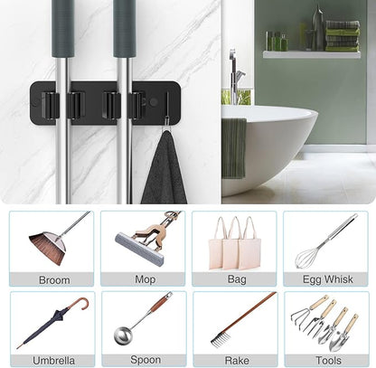 homeasy Wall Mount Mop and Broom Holder, Heavy Duty Stainless Steel Organizer Rack with Hooks | 2-Pack, 2-in-1 No Drill & Screw Installation, Black