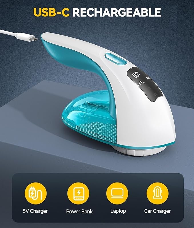 Rechargeable Fabric Shaver and Lint Remover, 3-Speed Adjustable Sweater Shaver with 6-Leaf Replaceable Stainless Steel Blades, 2.6Inch Large Mesh, Removable Bin for Clothes Fuzz, Lint, Pills, Bobbles