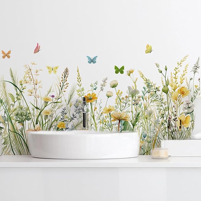 Flowers Wall Decals Room Decor Flower Wall Stickers, Wildflower Dandelion Grass Wall Art Murals, 3D Flower Pattern Self-Adhesive Wall Stickers for Girls Bedroom Living Room Nursery Decor