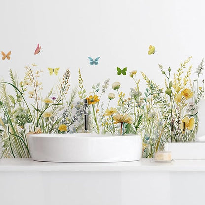 Flowers Wall Decals Room Decor Flower Wall Stickers, Wildflower Dandelion Grass Wall Art Murals, 3D Flower Pattern Self-Adhesive Wall Stickers for Girls Bedroom Living Room Nursery Decor