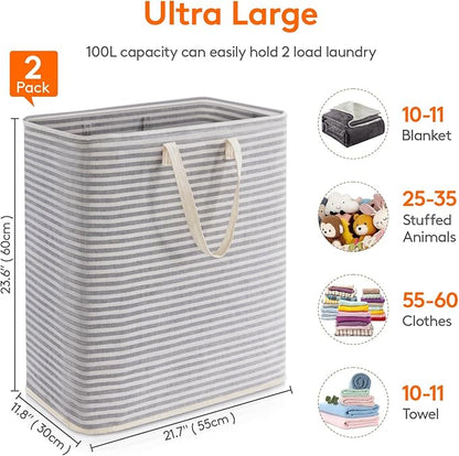 Lifewit 2 Pack Laundry Basket 100L Each, Collapsible Clothes Hamper with Reinforced Handles, Freestanding Waterproof Design for Bedroom and Laundry Room, Grey 200L Total