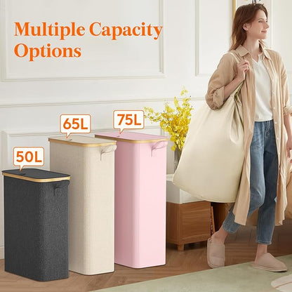 Lifewit 65L Slim Laundry Hamper with Lid, Narrow Laundry Basket with Removable Bag & Bamboo Handles, Fodable Thin Dirty Clothes Hamper for Laundry Collapsible Bin for Bathroom Bedroom Dorm, White