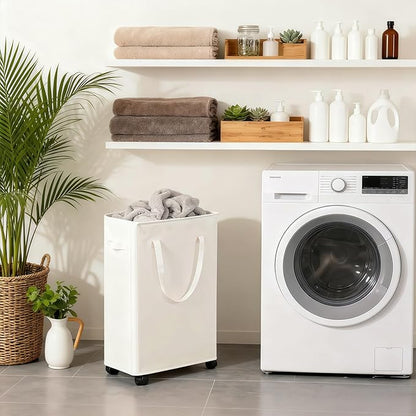 85L Laundry Hamper with Wheels, Lid, Handles & Collapsible, Slim Tall Rolling Laundry Basket for Small Spaces, Foldable Dirty Clothes Organizer for Bedroom, Dorm, Laundry Room, Bathroom,Beige