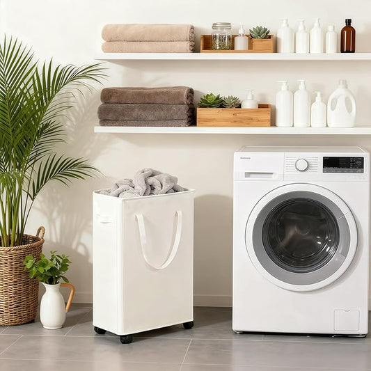 85L Laundry Hamper with Wheels, Lid, Handles & Collapsible, Slim Tall Rolling Laundry Basket for Small Spaces, Foldable Dirty Clothes Organizer for Bedroom, Dorm, Laundry Room, Bathroom,Beige
