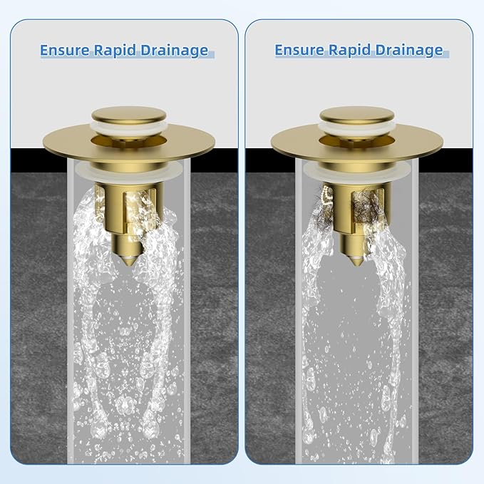 Universal Metal Bathroom Sink Stopper, Upgraded Stainless Steel Sink Drain Strainer for 1.1''~2.36" Basin Pop Up Drain Strainer, Anti-Clogging Filter Basket, Brushed Gold-2 Pack