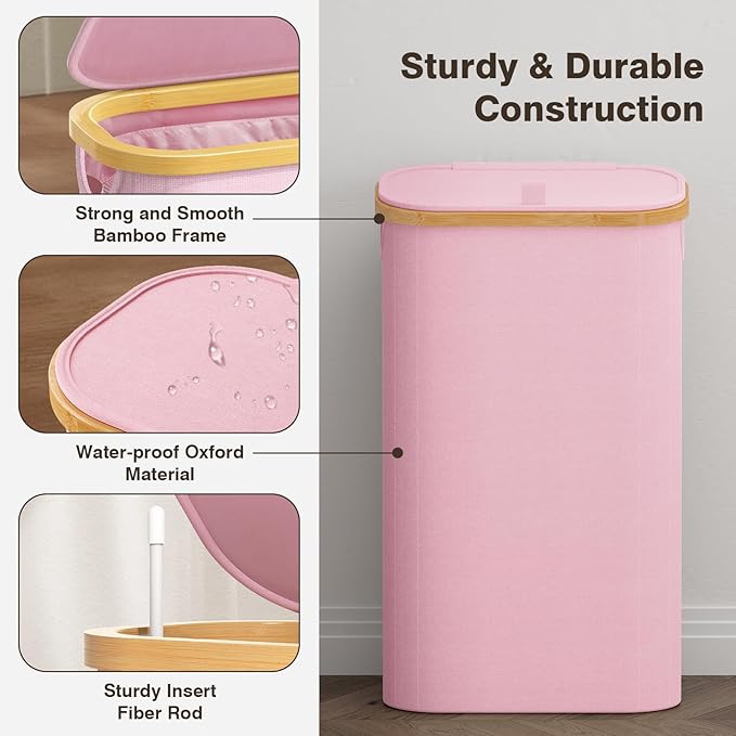 75L Slim Laundry Hamper with Lid, Dirty Clothes Hampers for Laundry, Collapsible Laundry Baskets for Small Spaces, Bedroom, Bathroom, Laundry Room, Pink