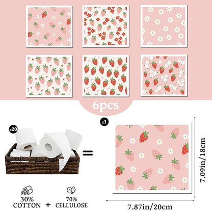 Reusable Swedish Kitchen Dish Cloths, 6 Pack Pink Strawberry Floral Swedish Dishcloths, Absorbent Fast Drying Sponge Cleaning Cloths Towels Wipes for Kitchen Cooking Home Decoration