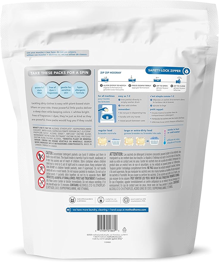 Method Laundry Detergent Packs, Free + Clear, 42 Count, 1 pack, Packaging May Vary