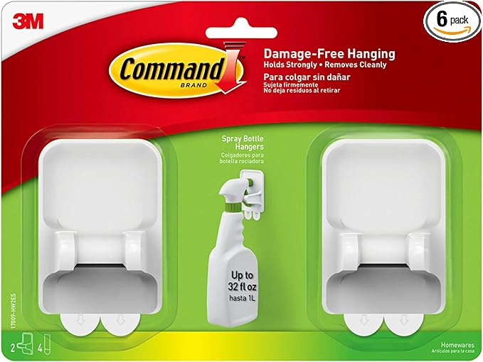Command Spray Bottle Hangers, Holds up to 32 fl oz, 2 Hangers with 4 Strips, Damage-Free Spray Bottle Holder Wall Mount to Cabinet, Kitchen, or Under Sink (Pack of 6)