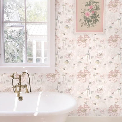 Ismoon 17.3''x362.2''Peel and Stick Wallpaper Vintage Floral Contact Paper Watercolor Pink Removable Self-Adhesive Wallpaper for Bathroom Bedroom Nursery Wildflower Botanical Wall Paper Vinyl Decor
