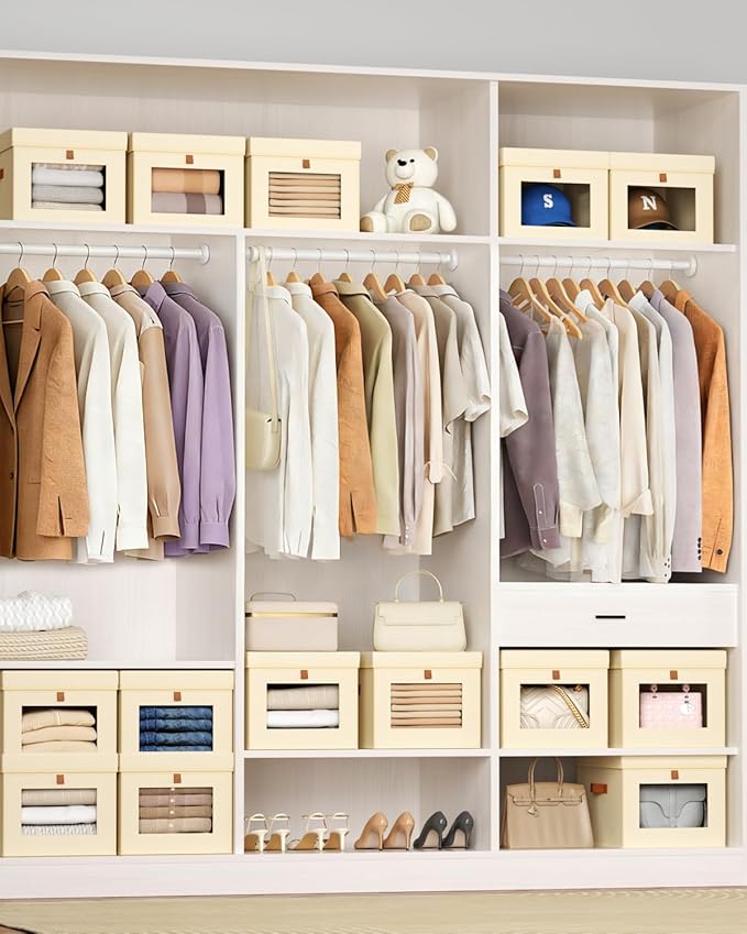 Storage Bins with Lid – Closet Organizer with Side Opening and Clear Window, Foldable Stackable Fabric Basket for Clothes, Home, Office - 13.77" x 11.8" x 9.8", 4 Pack, Beige