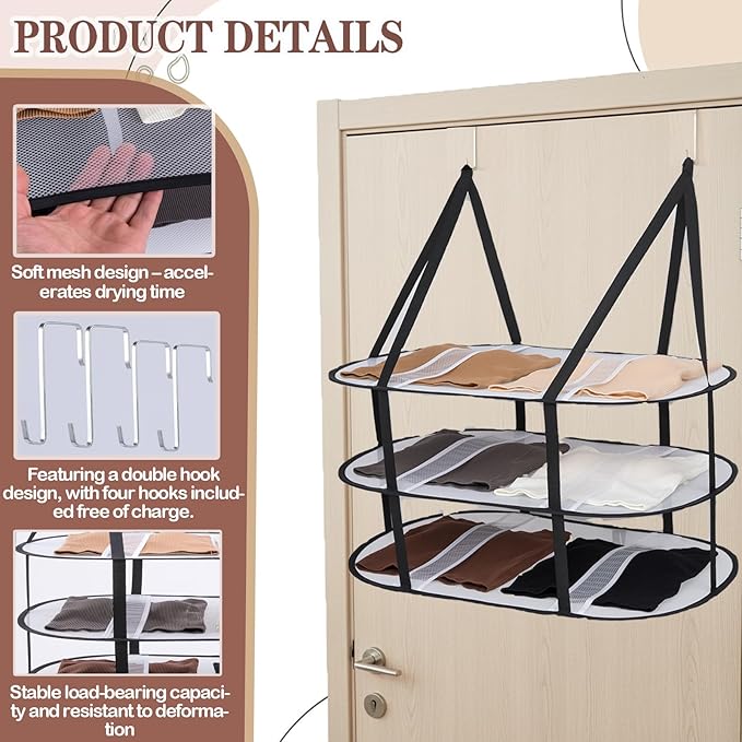 CINPIUK 3-Tier Upgrade Sweater Drying Rack Over The Door, Foldable Mesh Hanging Dryer Flat with Hooks, Large Breathable Laundry Drying Hanger, Clothes Lay Flat Dryer for Apartments Dorms Bathrooms