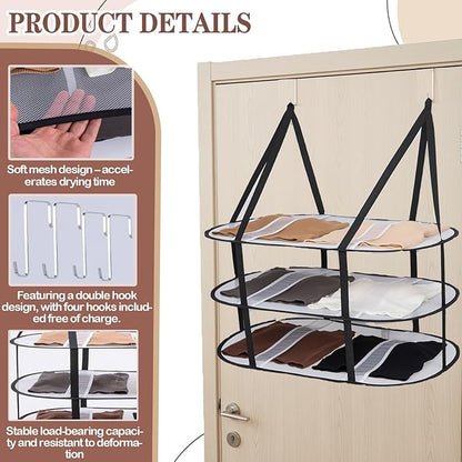 CINPIUK 3-Tier Upgrade Sweater Drying Rack Over The Door, Foldable Mesh Hanging Dryer Flat with Hooks, Large Breathable Laundry Drying Hanger, Clothes Lay Flat Dryer for Apartments Dorms Bathrooms