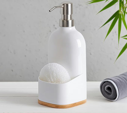 Kitchen Soap Dispenser with Sponge Holder, Refillable Acrylic Dish Soap Dispenser 17oz for Kitchen Sink and Bathroom, Anti Slip, Countertop Home Decor (White)