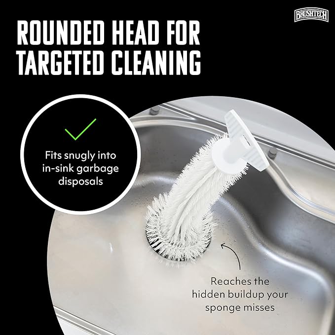 Brushtech Kitchen Sink Disposal Brush - Ergonomic T-Handle Cleaner with Rounded Bristles Designed to Remove Odor-Causing Debris from Sink Drains & Garbage Disposals - Made in USA
