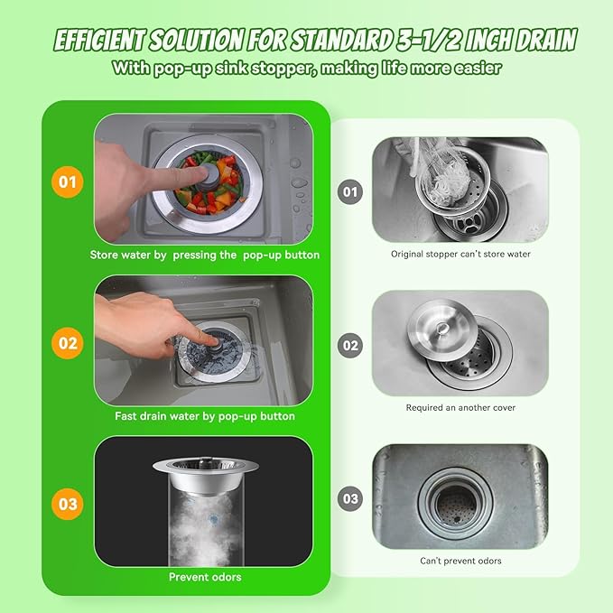 3 in 1 Sink Strainer Stopper and Pop-up Kitchen Sink Drain Strainer, Stainless Steel Filter with Bigger Basket, Anti-Clogging Kitchen Sink Drain Stopper for US Standard 3-1/2 Inch Drain