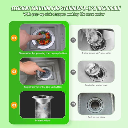 3 in 1 Sink Strainer Stopper and Pop-up Kitchen Sink Drain Strainer, Stainless Steel Filter with Bigger Basket, Anti-Clogging Kitchen Sink Drain Stopper for US Standard 3-1/2 Inch Drain