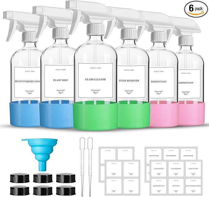 GIVAMEIHF 16oz Clear Glass Spray Bottles,6 Pack Glass Spray Bottles Refillable Empty Bottle with Adjustable Nozzle,Spray Bottle for Essential Oils,Cleaning,Pets,Hair Mister