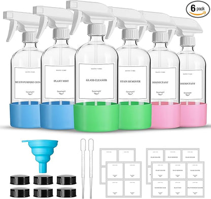 GIVAMEIHF 16oz Clear Glass Spray Bottles,6 Pack Glass Spray Bottles Refillable Empty Bottle with Adjustable Nozzle,Spray Bottle for Essential Oils,Cleaning,Pets,Hair Mister
