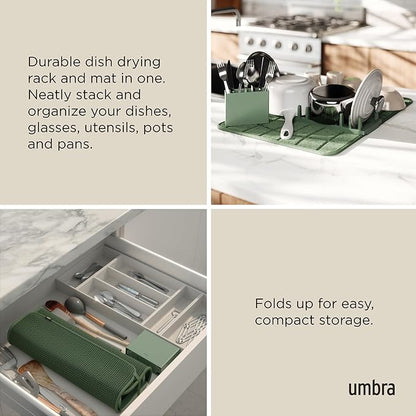 Umbra UDry Dish Drying Rack with Mat – Kitchen Countertop Dish Drainer & Absorbent Microfiber Drying Mat, Foldable Dish Rack Organizer for Plates, Cups & Utensils, Spruce